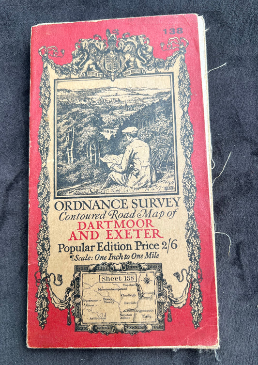 1920s ORDNANCE SURVEY Contoured Cloth MAP of DARTMOOR + EXETER 1" to 1 Mile Sheet 138