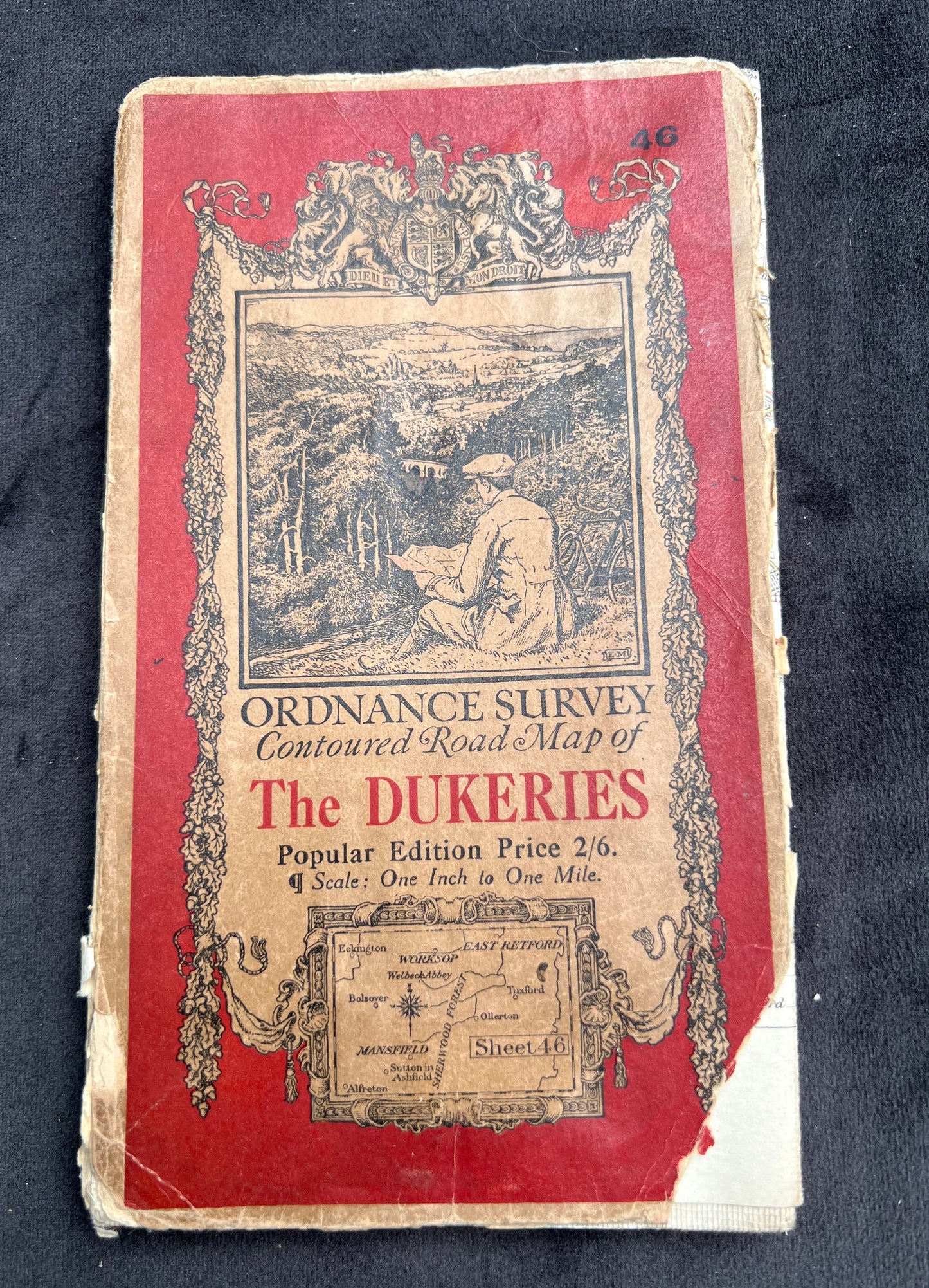 1928 ORDNANCE SURVEY Contoured Cloth MAP of THE DUKERIES 1" to 1 Mile Sheet 46