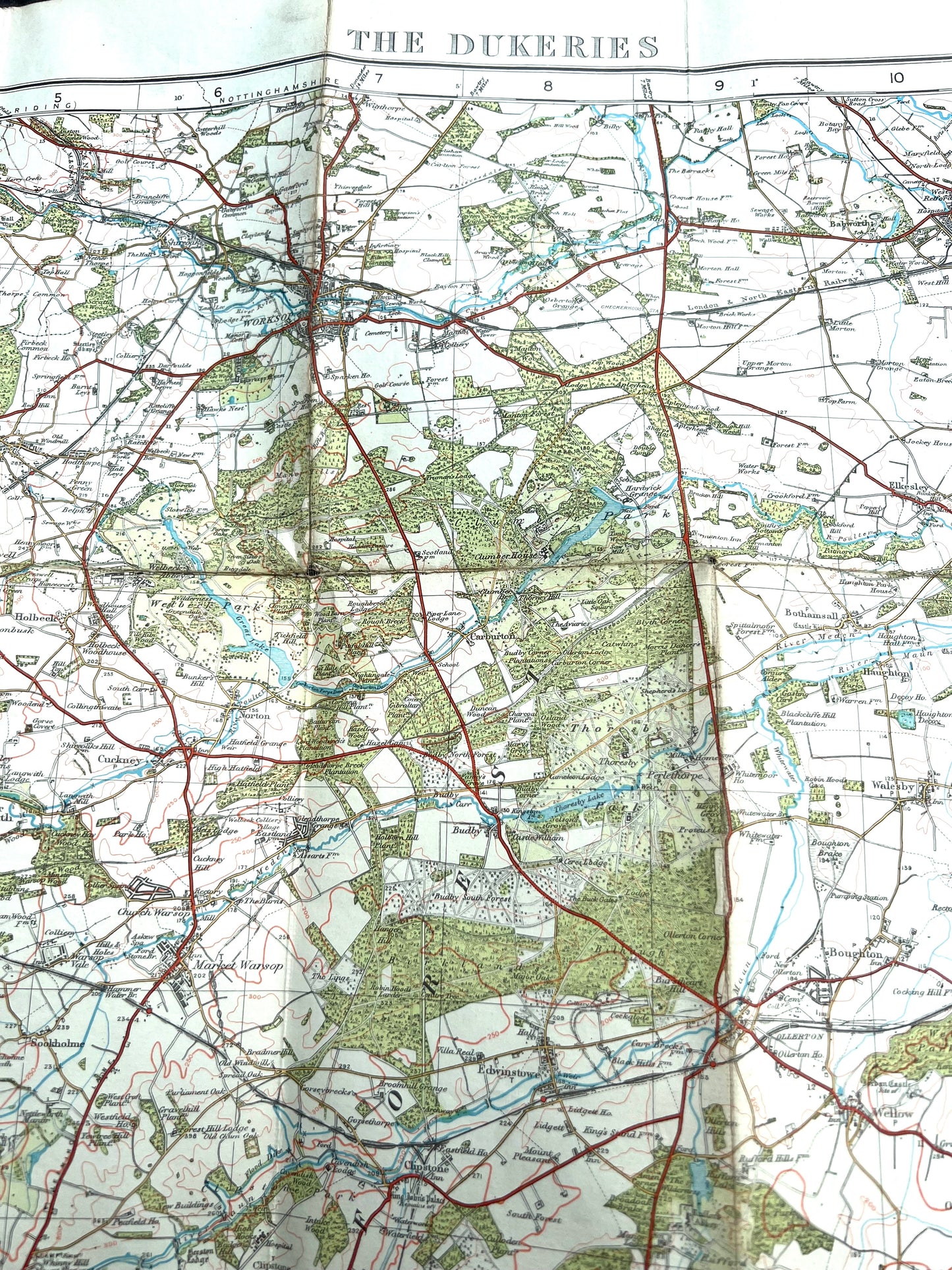 1928 ORDNANCE SURVEY Contoured Cloth MAP of THE DUKERIES 1" to 1 Mile Sheet 46