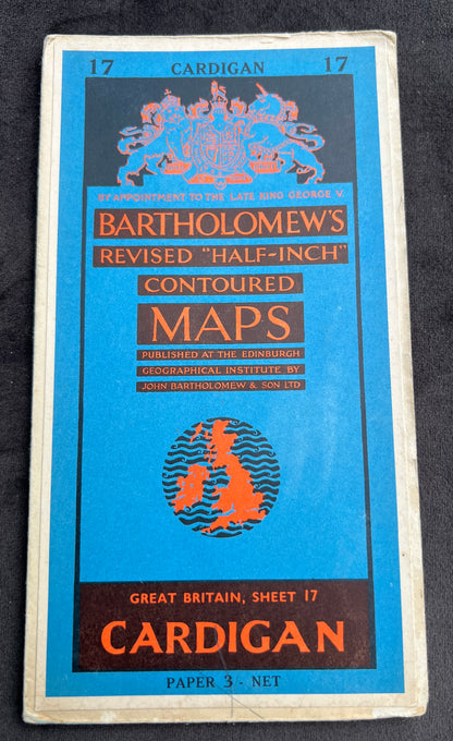 1950s Bartholomew's Half Inch Contoured Maps of CARDIGAN Sheet 17