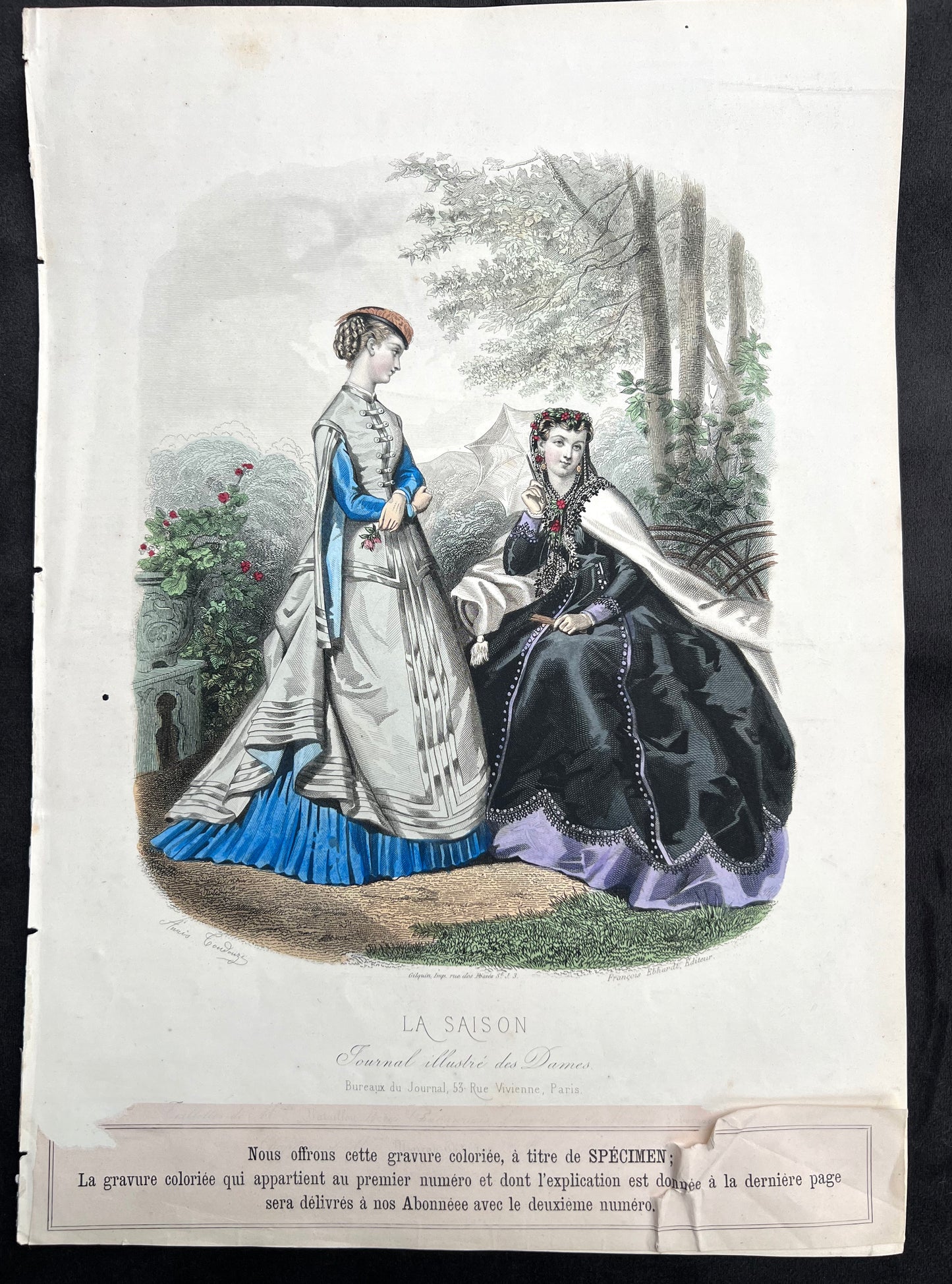 C.1860 Signed French Hand Tinted Engraving of Attractively Dressed Women 27 x 38cm
