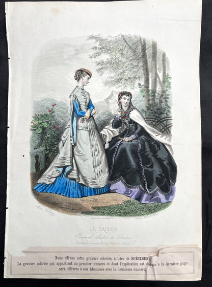 C.1860 Signed French Hand Tinted Engraving of Attractively Dressed Women 27 x 38cm