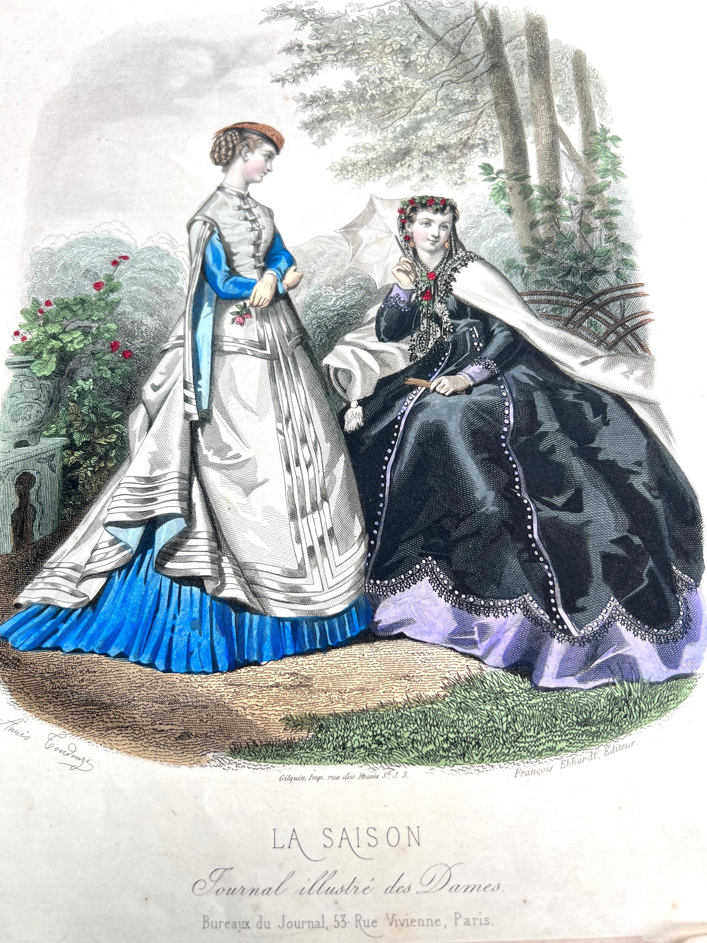 C.1860 Signed French Hand Tinted Engraving of Attractively Dressed Women 27 x 38cm