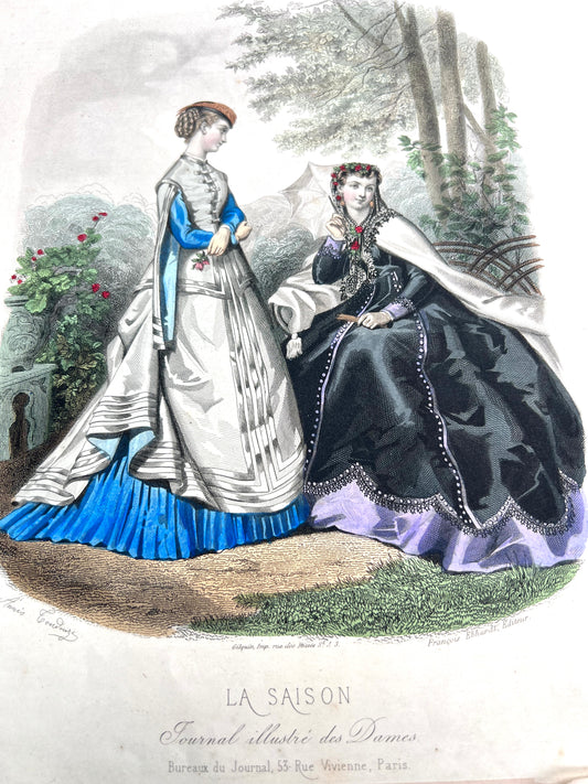 C.1860 Signed French Hand Tinted Engraving of Attractively Dressed Women 27 x 38cm