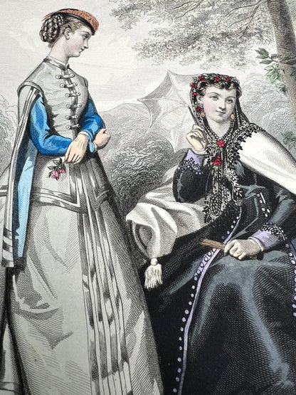 C.1860 Signed French Hand Tinted Engraving of Attractively Dressed Women 27 x 38cm