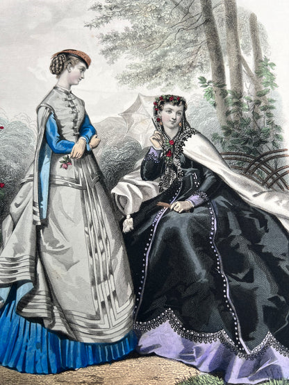 C.1860 Signed French Hand Tinted Engraving of Attractively Dressed Women 27 x 38cm