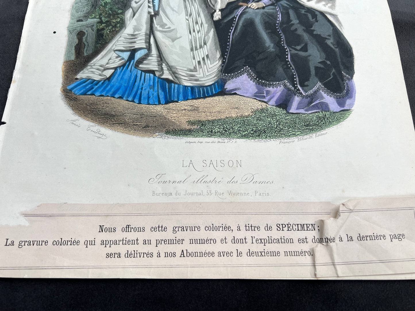 C.1860 Signed French Hand Tinted Engraving of Attractively Dressed Women 27 x 38cm