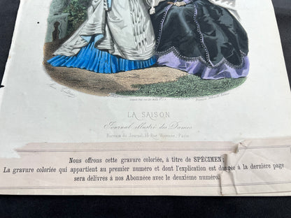 C.1860 Signed French Hand Tinted Engraving of Attractively Dressed Women 27 x 38cm