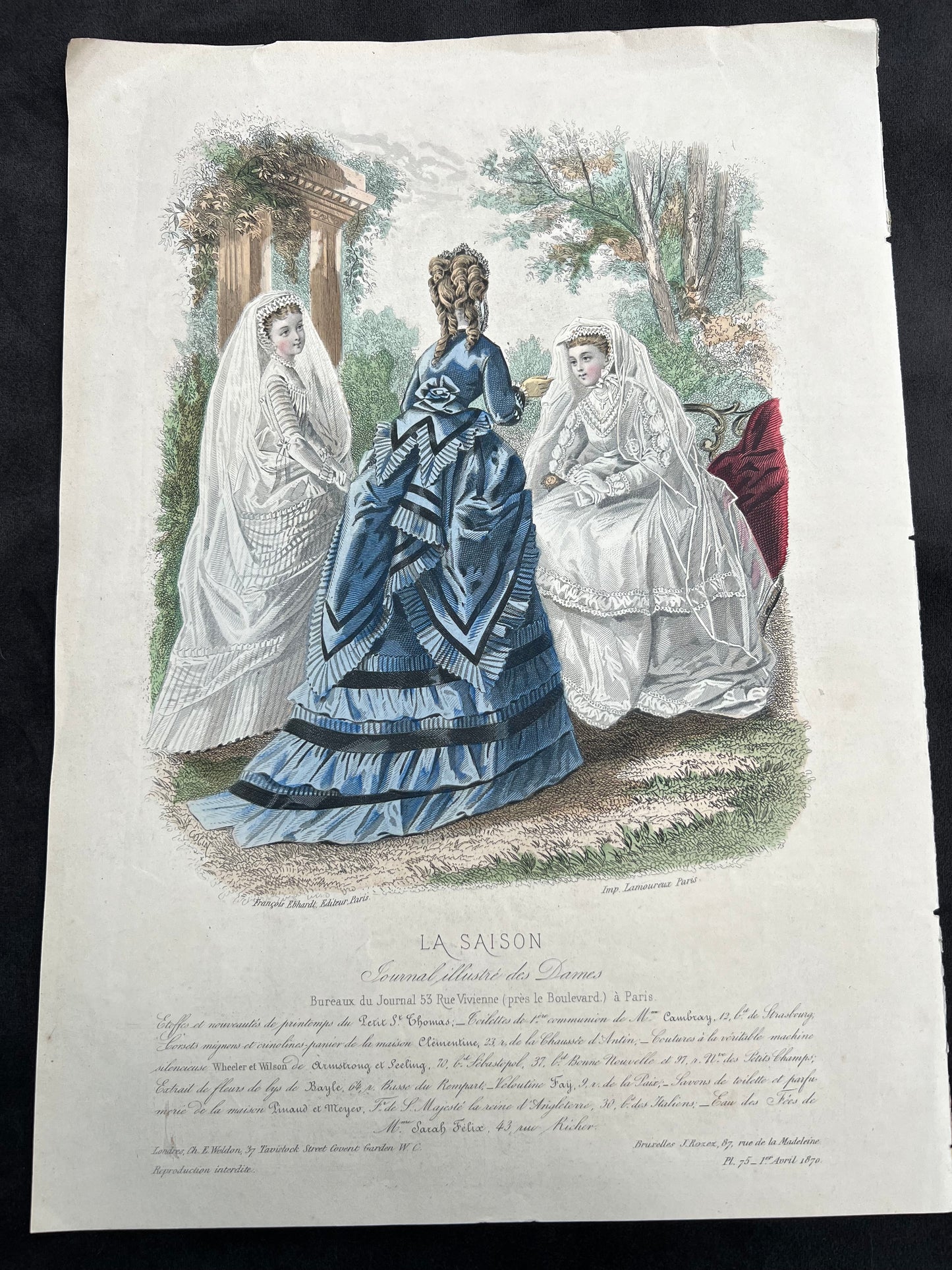 1870 Signed French Hand Tinted Engraving of Girls in Confirmation Dresses 27 x 38cm