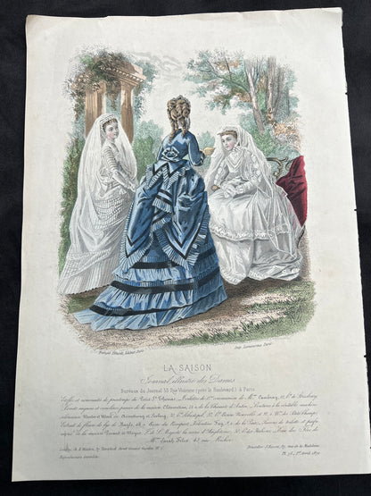 1870 Signed French Hand Tinted Engraving of Girls in Confirmation Dresses 27 x 38cm