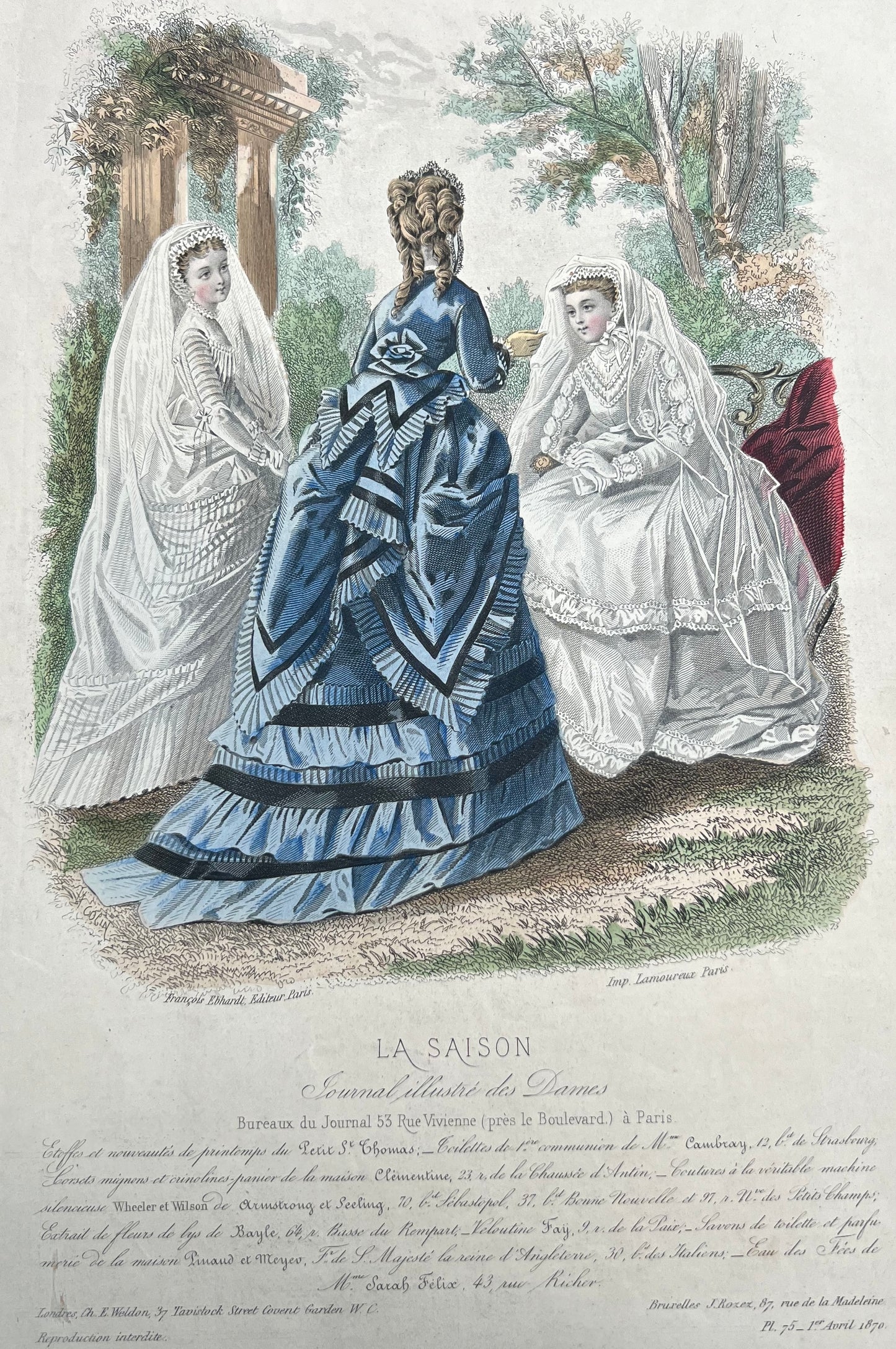 1870 Signed French Hand Tinted Engraving of Girls in Confirmation Dresses 27 x 38cm