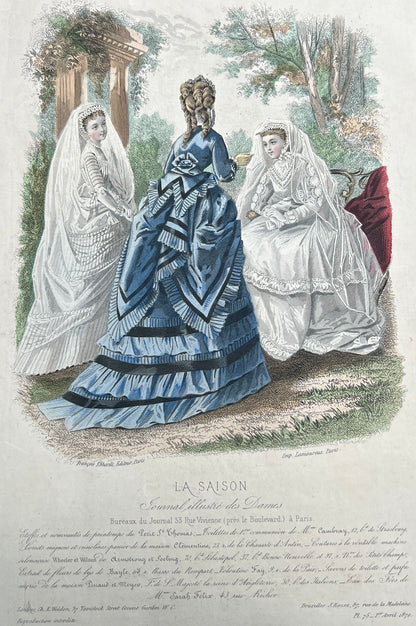1870 Signed French Hand Tinted Engraving of Girls in Confirmation Dresses 27 x 38cm