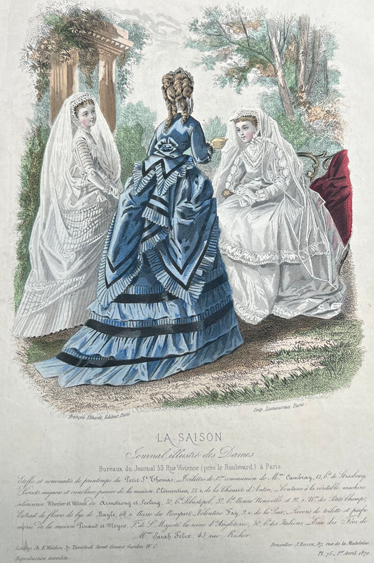 1870 Signed French Hand Tinted Engraving of Girls in Confirmation Dresses 27 x 38cm