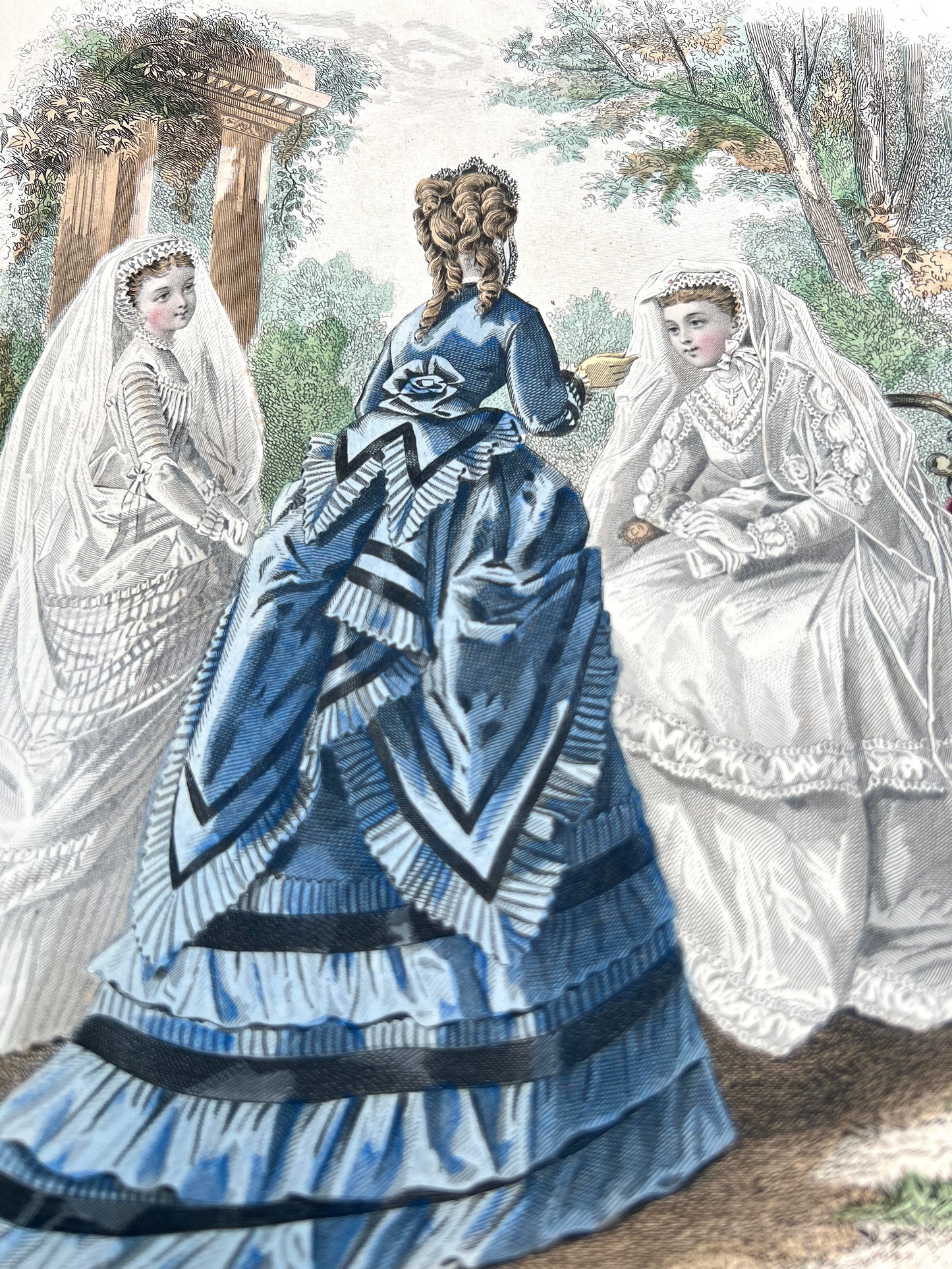 1870 Signed French Hand Tinted Engraving of Girls in Confirmation Dresses 27 x 38cm