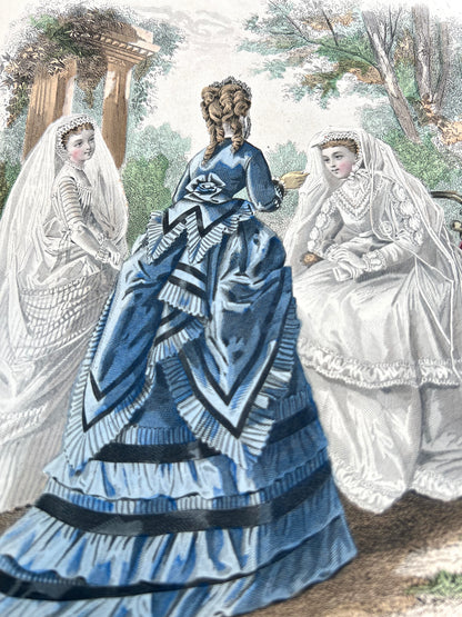 1870 Signed French Hand Tinted Engraving of Girls in Confirmation Dresses 27 x 38cm