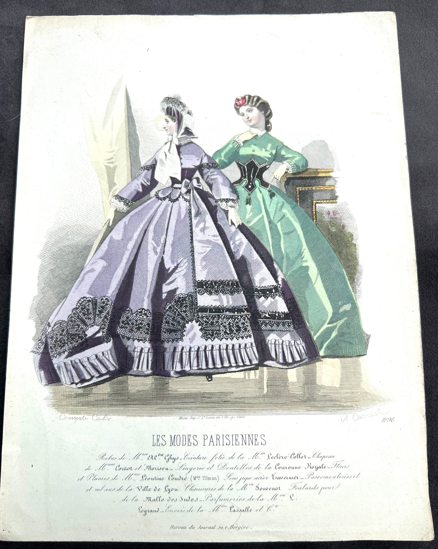C 1850 French Hand Tinted Engraving of Fashionable Women 21 x28cm
