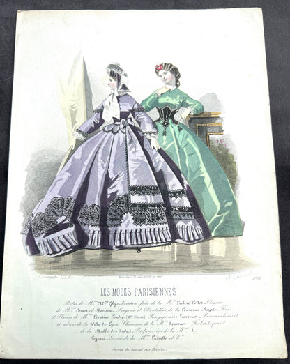 C 1850 French Hand Tinted Engraving of Fashionable Women 21 x28cm