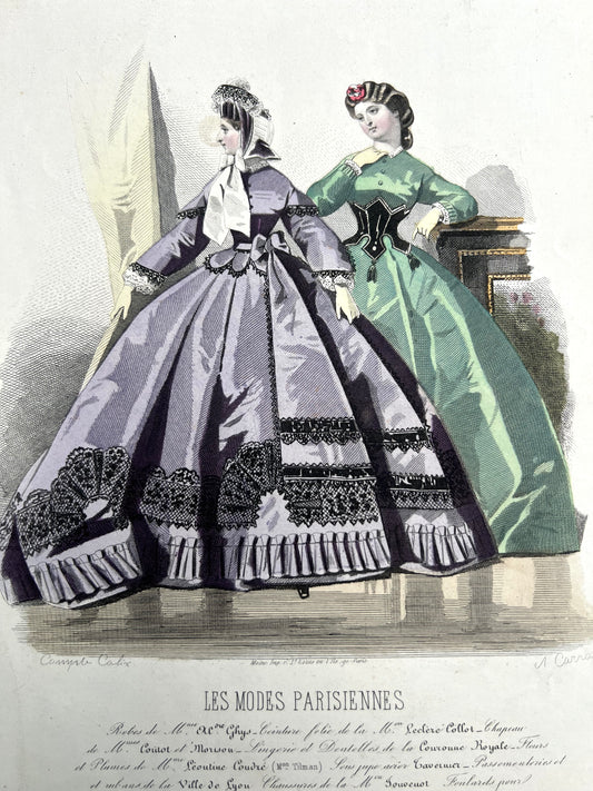 C 1850 French Hand Tinted Engraving of Fashionable Women 21 x28cm