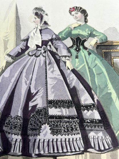 C 1850 French Hand Tinted Engraving of Fashionable Women 21 x28cm