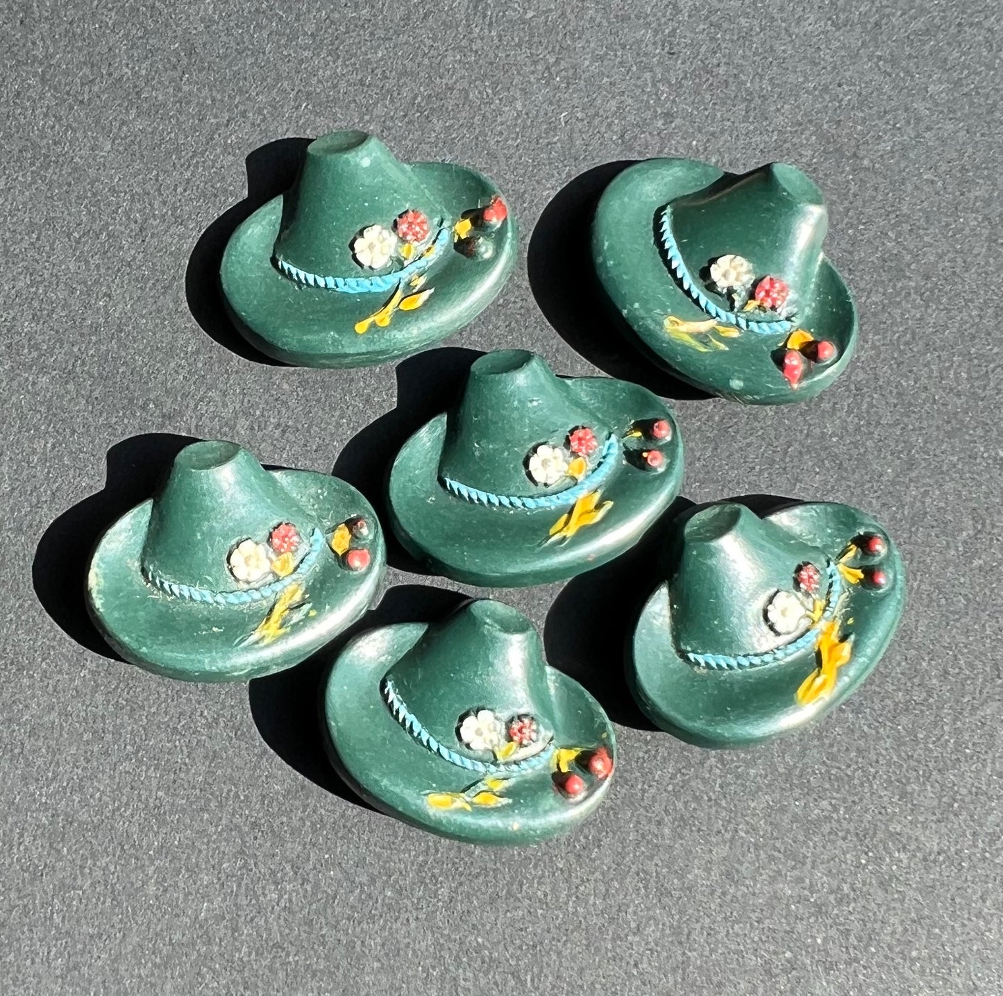 6 Vintage Racing Green Tyrolean Hat Buttons with Cherries