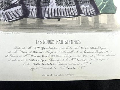 C 1850 French Hand Tinted Engraving of Fashionable Women 21 x28cm