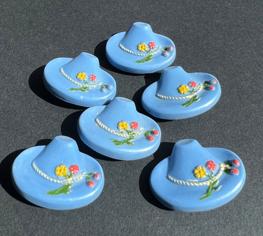 6 Vintage Blue Tyrolean Hat Buttons with Cherries