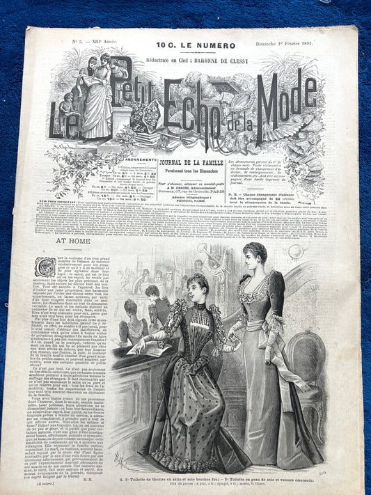 At The Theatre 134 years Ago in February 1891 French Fashion Paper Le Petit Echo de la Mode