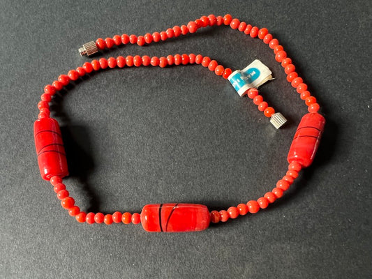 Unusual Vintage Red Glass Bead Necklace - 15"  long