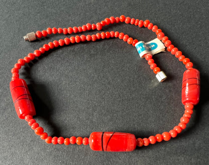 Unusual Vintage Red Glass Bead Necklace - 15"  long