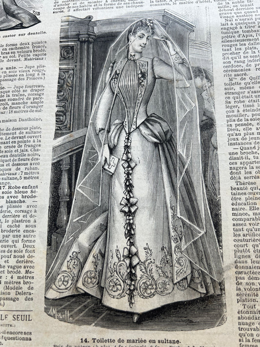 Wedding Dress, Hats and Hatpins  in November 1890 - French Fashion Paper Le Petit Echo de la Mode