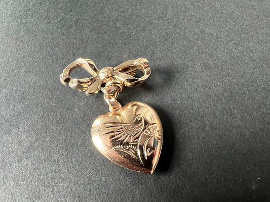 Pretty Bird Decorated Heart and Bow Vintage Brooch