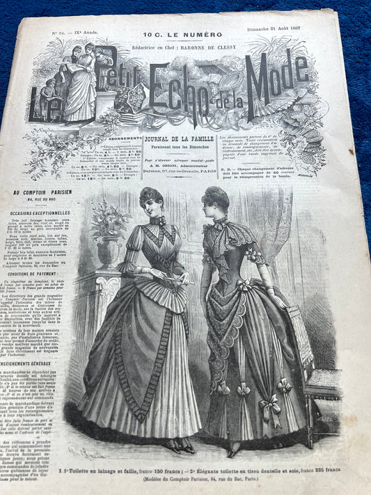 Very Fancy Frocks  from 138 years ago in August 1887 French Fashion Paper Le Petit Echo de la Mode