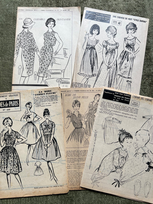 Inserts from 1950s French Magazines - 5 Dress Patterns and Embroidery Patterns on the Other Side !