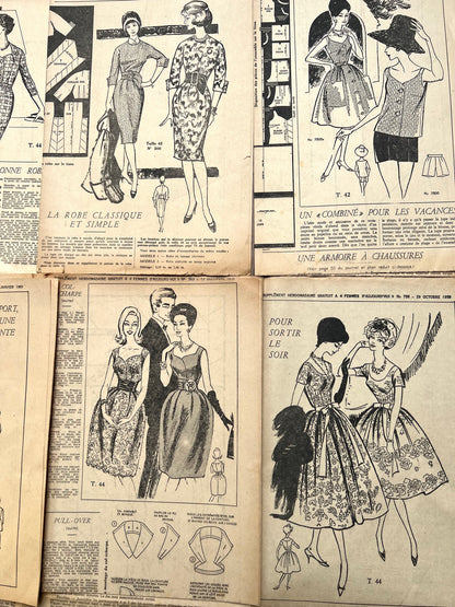 Inserts from Early 1960s French Magazines - 6 Dress Patterns and Embroidery Patterns incl Christmas Scene