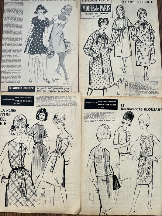 Inserts from Early 1960s French Magazines - 4 Dress Patterns and Embroidery Patterns incl. Letters