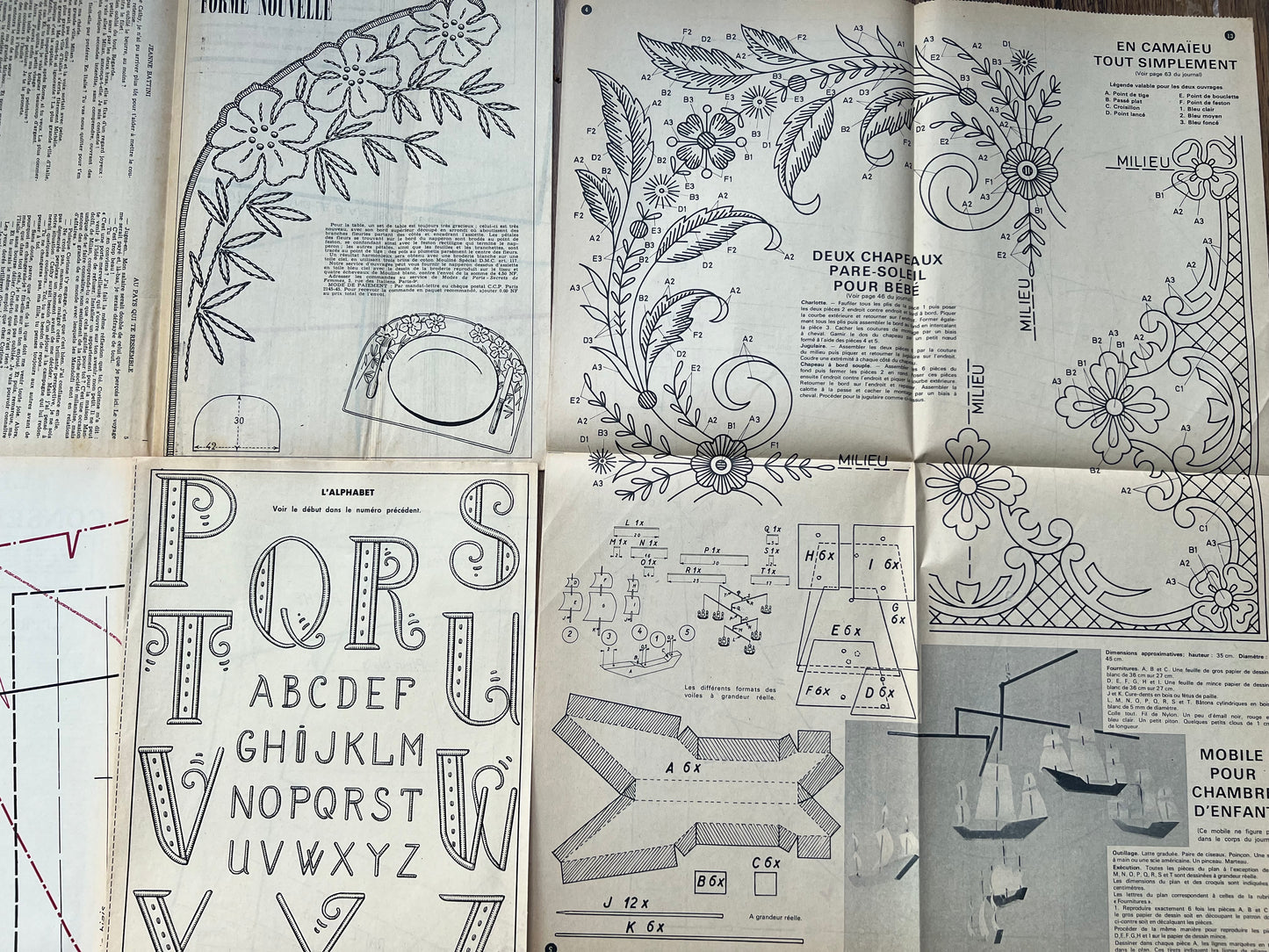 Inserts from Early 1960s French Magazines - 4 Dress Patterns and Embroidery Patterns incl. Letters