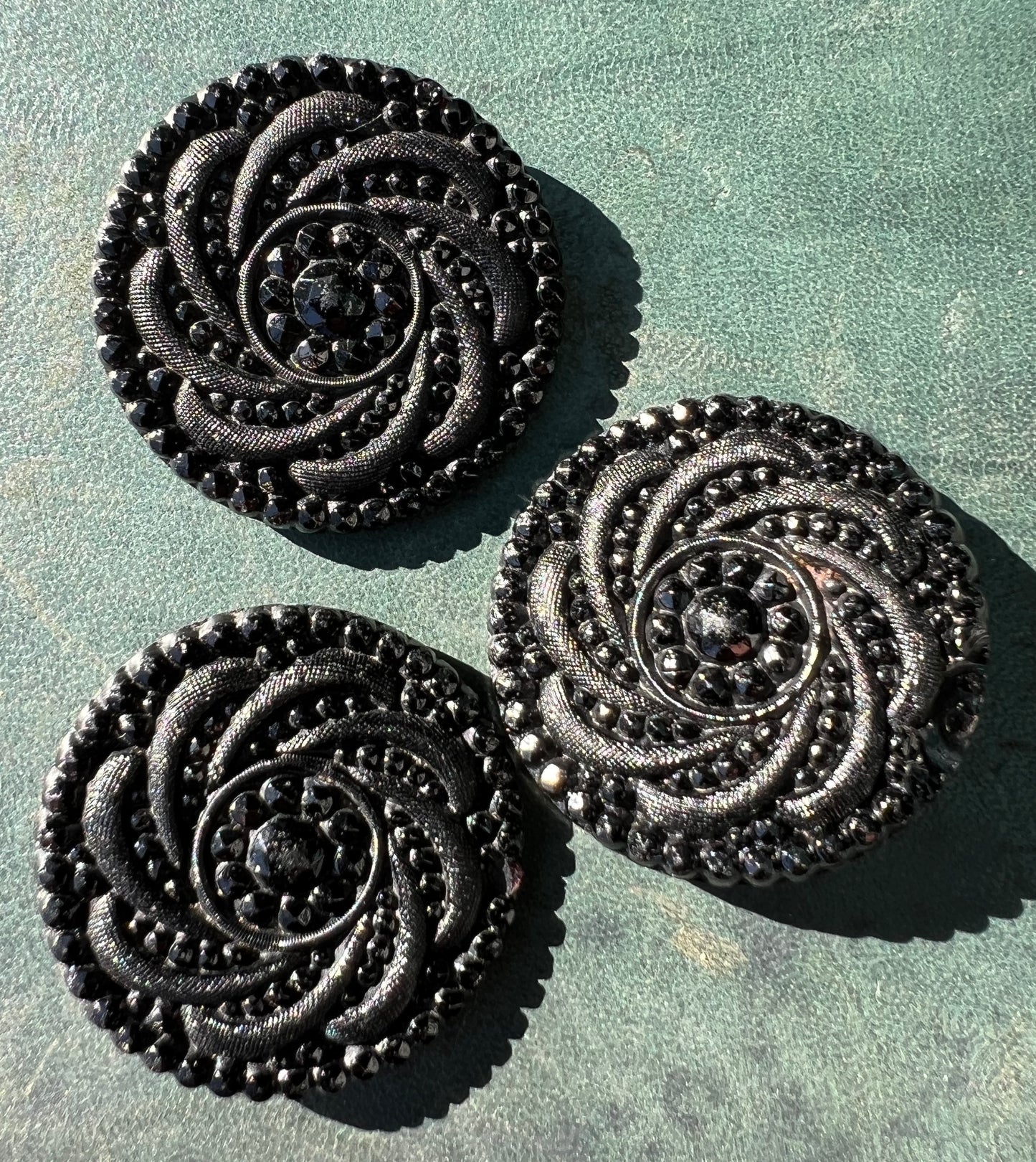 3 Big 3.2cm Ornate Black Glass Buttons (some flaws)
