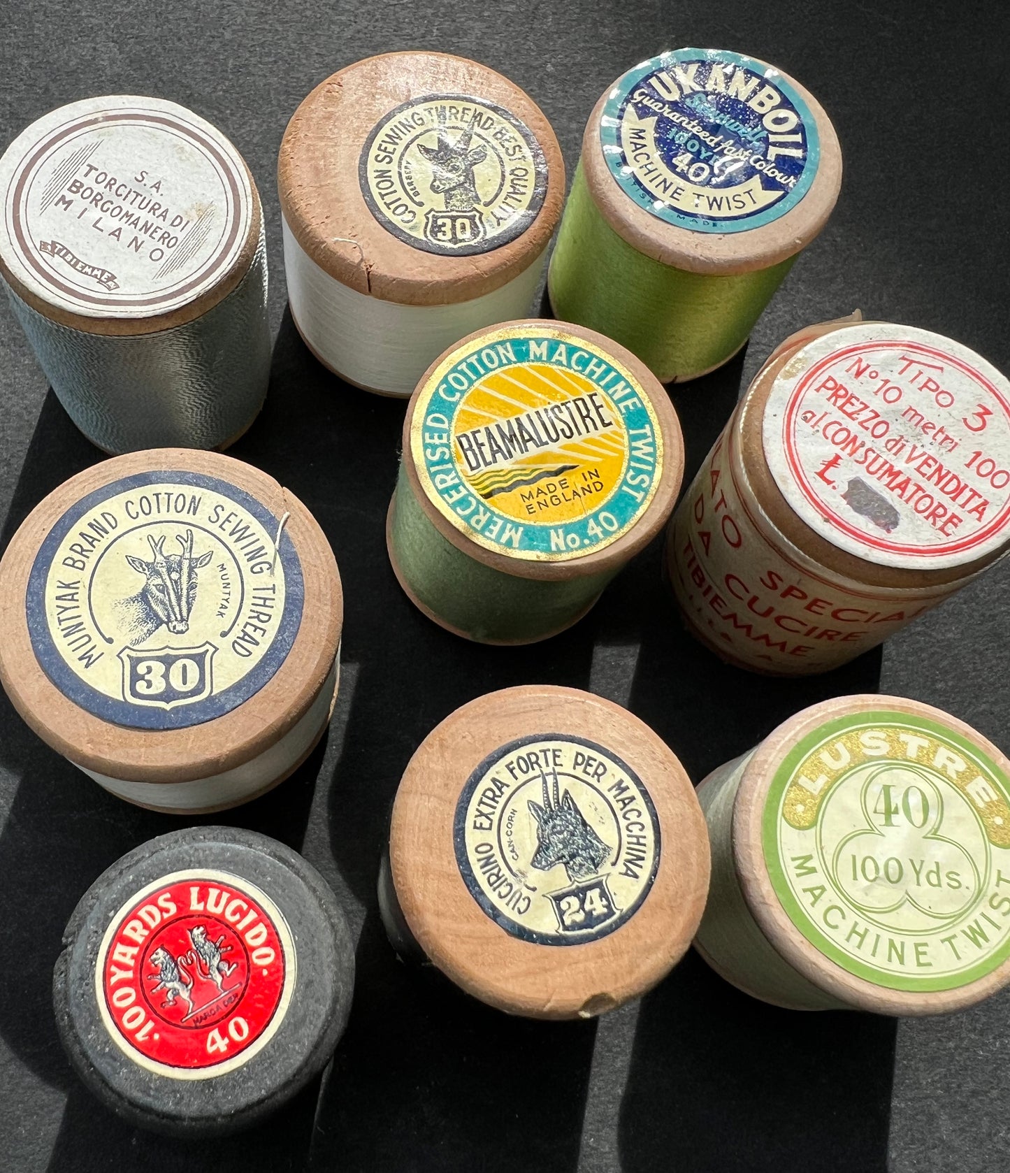 9 Old Wooden Cotton Reels with Good Labels (9)