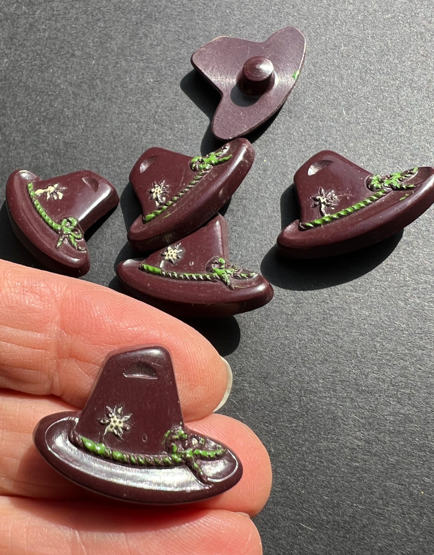 6 or 24 Vintage Italian Tyrolean Hat Buttons - Rich Brown + Green - 2cm tall 2.8cm wide.