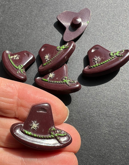 6 or 24 Vintage Italian Tyrolean Hat Buttons - Rich Brown + Green - 2cm tall 2.8cm wide.