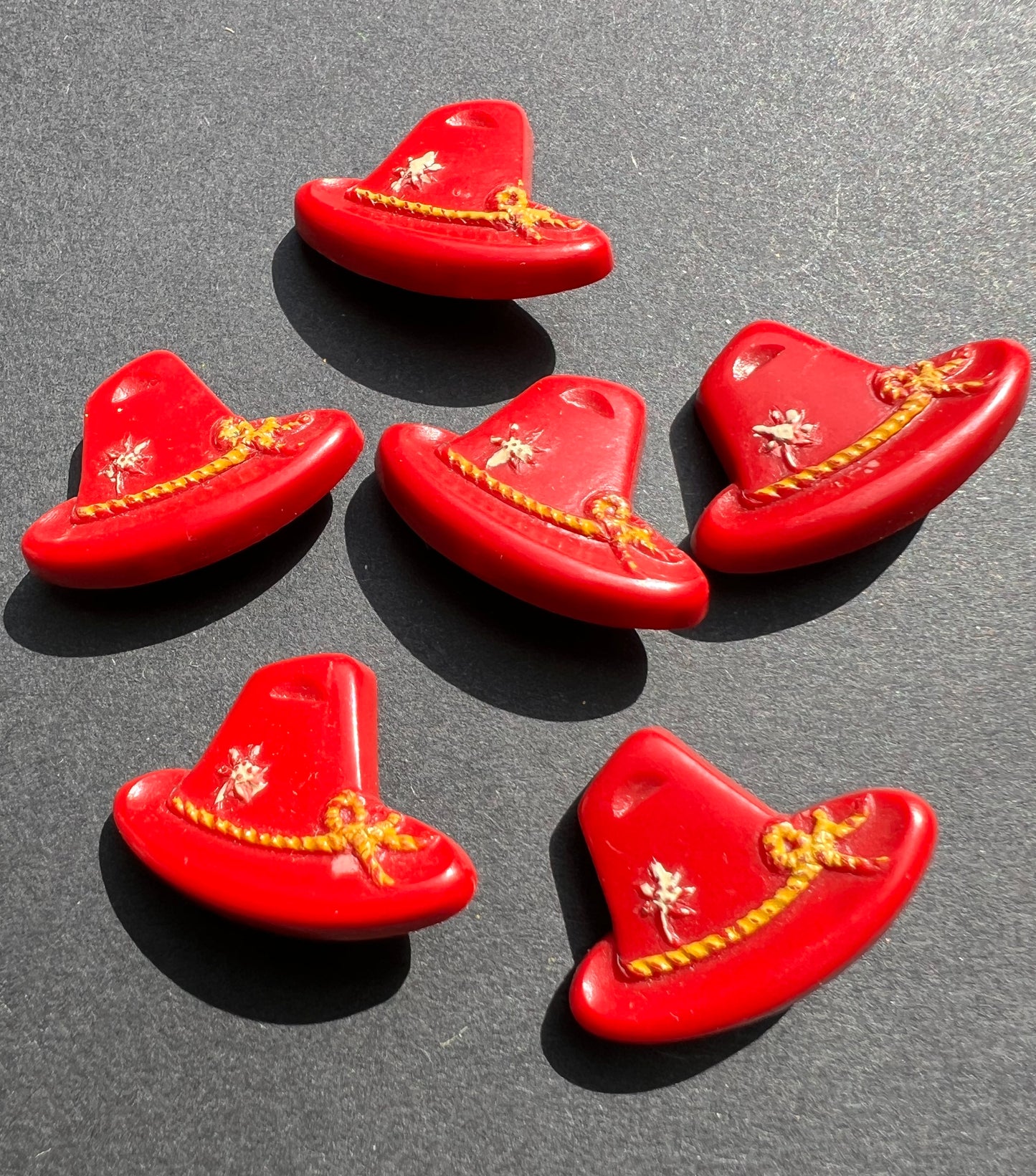 6 Bright Red + Yellow Vintage Italian Tyrolean Hat Buttons - 2cm tall 2.8cm wide.