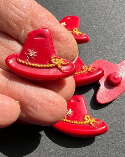 6 Bright Red + Yellow Vintage Italian Tyrolean Hat Buttons - 2cm tall 2.8cm wide.