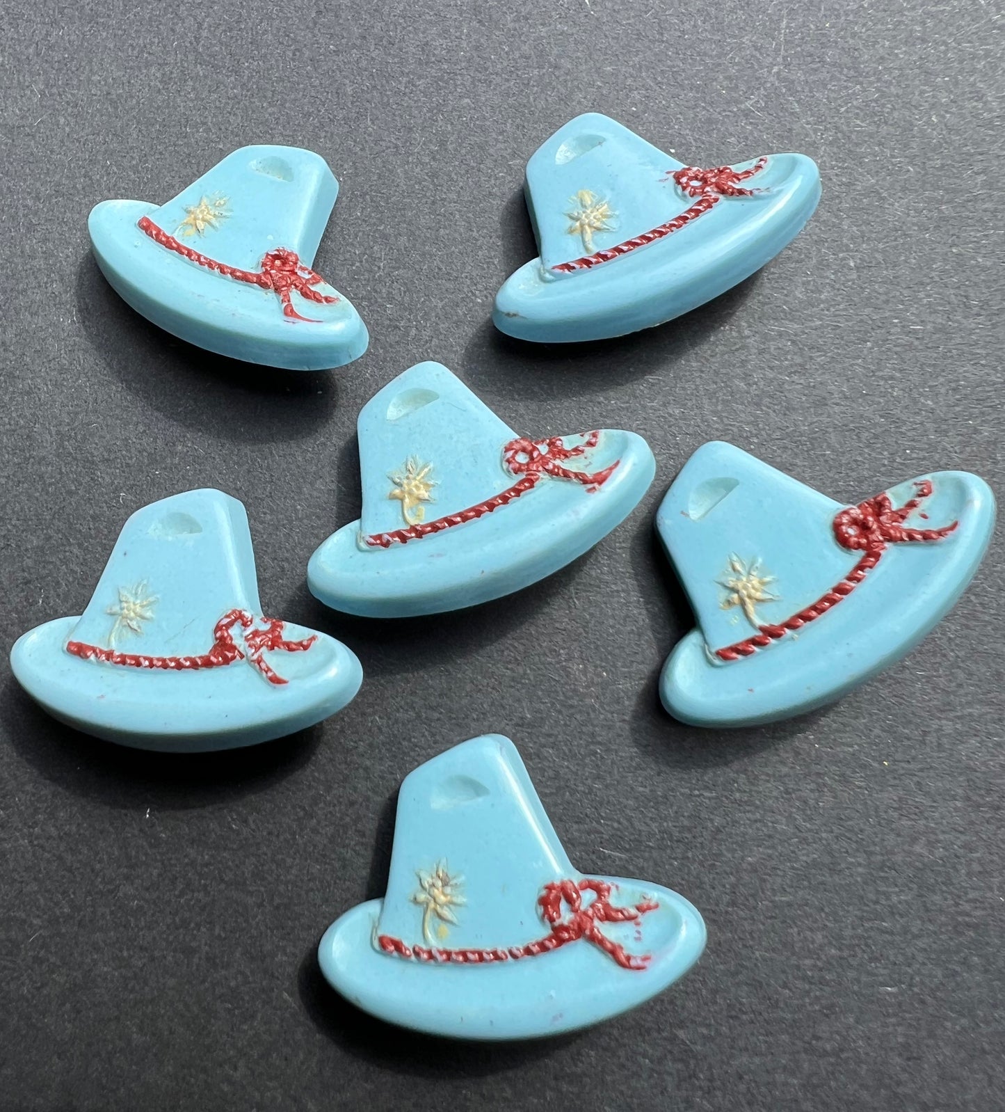 6 Light Blue + Red Vintage Italian Tyrolean Hat Buttons - 2cm tall 2.8cm wide.