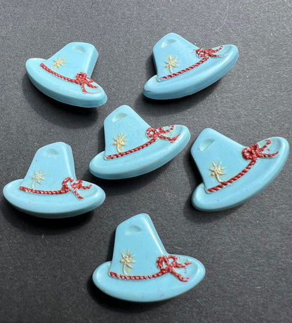 6 Light Blue + Red Vintage Italian Tyrolean Hat Buttons - 2cm tall 2.8cm wide.
