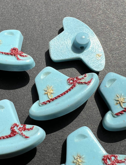 6 Light Blue + Red Vintage Italian Tyrolean Hat Buttons - 2cm tall 2.8cm wide.