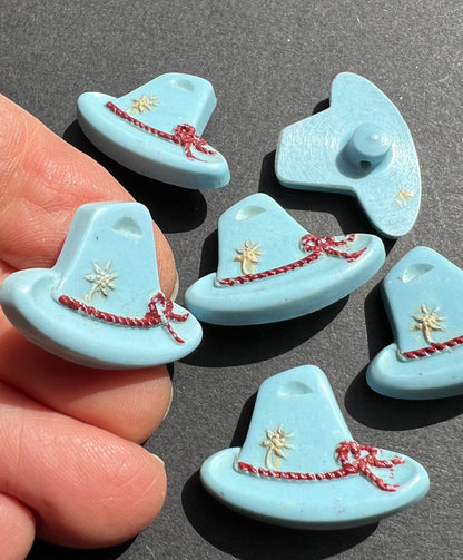 6 Light Blue + Red Vintage Italian Tyrolean Hat Buttons - 2cm tall 2.8cm wide.