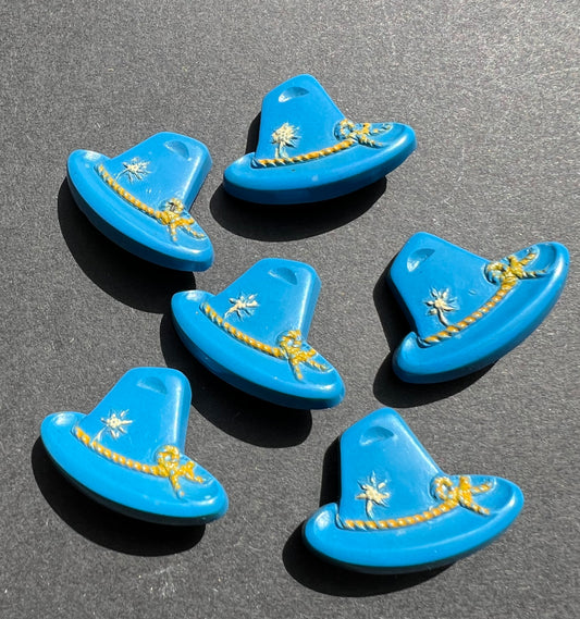 6 Bright Blue + Yellow Vintage Italian Tyrolean Hat Buttons - 2cm tall 2.8cm wide.
