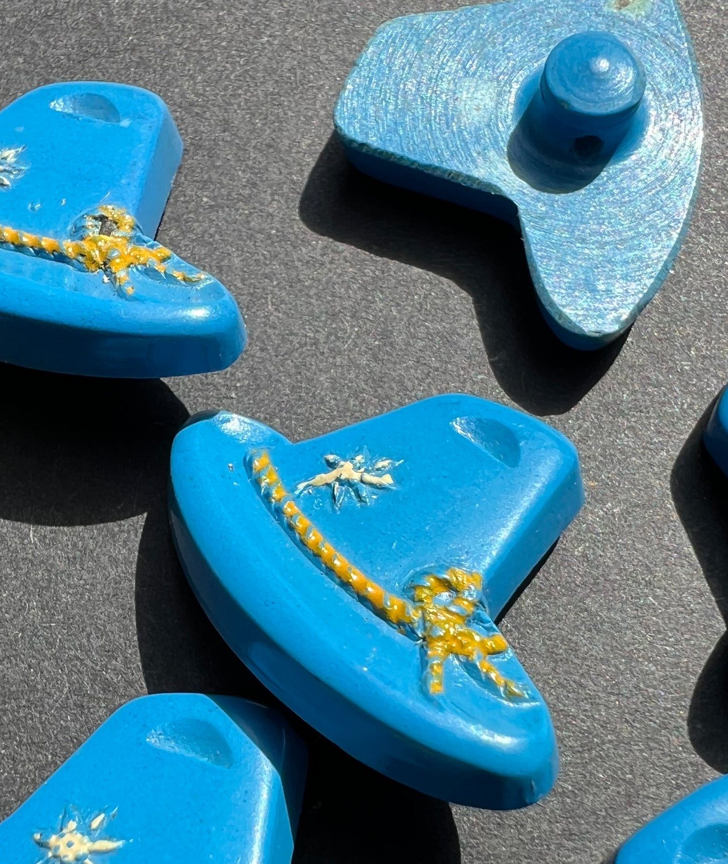 6 Bright Blue + Yellow Vintage Italian Tyrolean Hat Buttons - 2cm tall 2.8cm wide.
