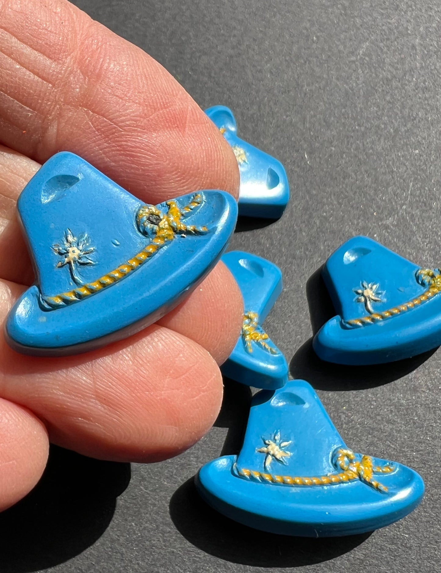 6 Bright Blue + Yellow Vintage Italian Tyrolean Hat Buttons - 2cm tall 2.8cm wide.