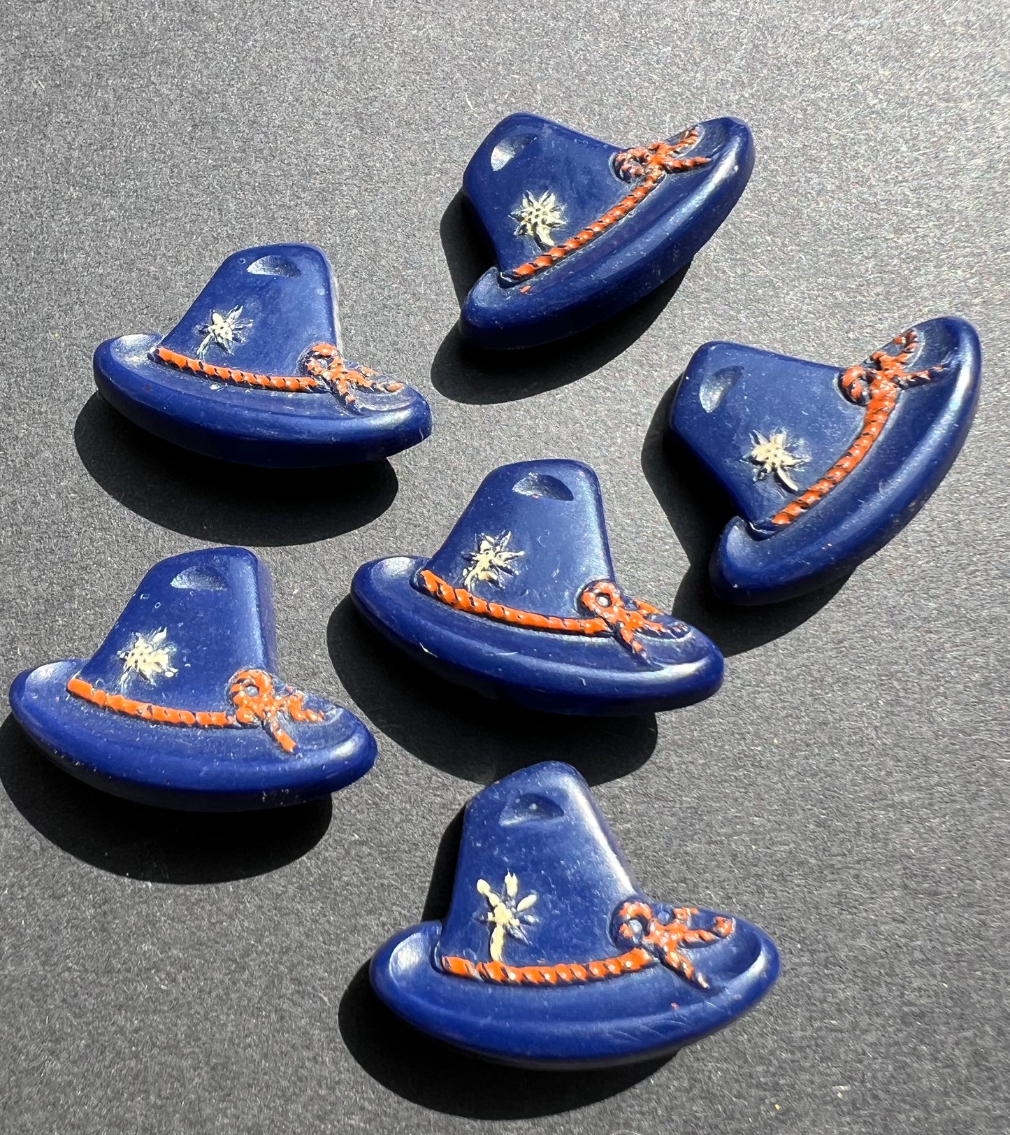 6 Rich Blue + Red Vintage Italian Tyrolean Hat Buttons - 2cm tall 2.8cm wide.